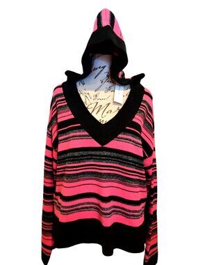 NWT Stitches & Stripes Pink & Black Striped Hoodie Sweater In S With V-Neck & Lo